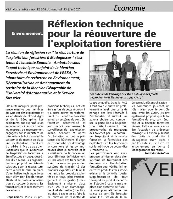 Réflexions sur la réouverture de l'exploitation forestière à Madagascar(l’article de Narindra Rakotobe du Midi Madagasikara du 13 juin 2025)